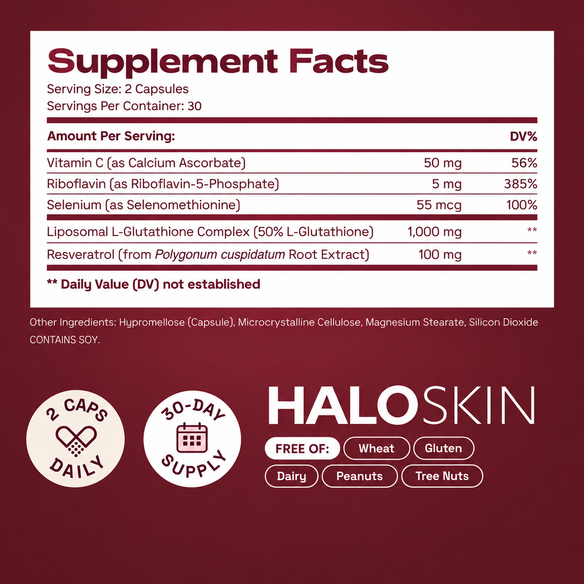 HaloSkin Liposomal Glutathione - supplement facts